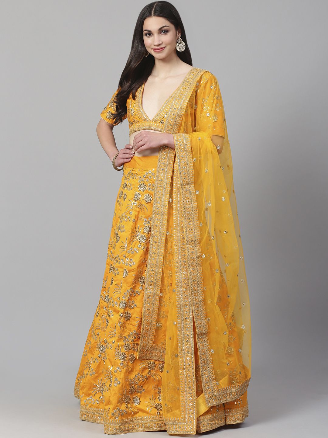 Readiprint Fashions Mustard & Golden Semi-Stitched Lehenga & Blouse with Dupatta Price in India