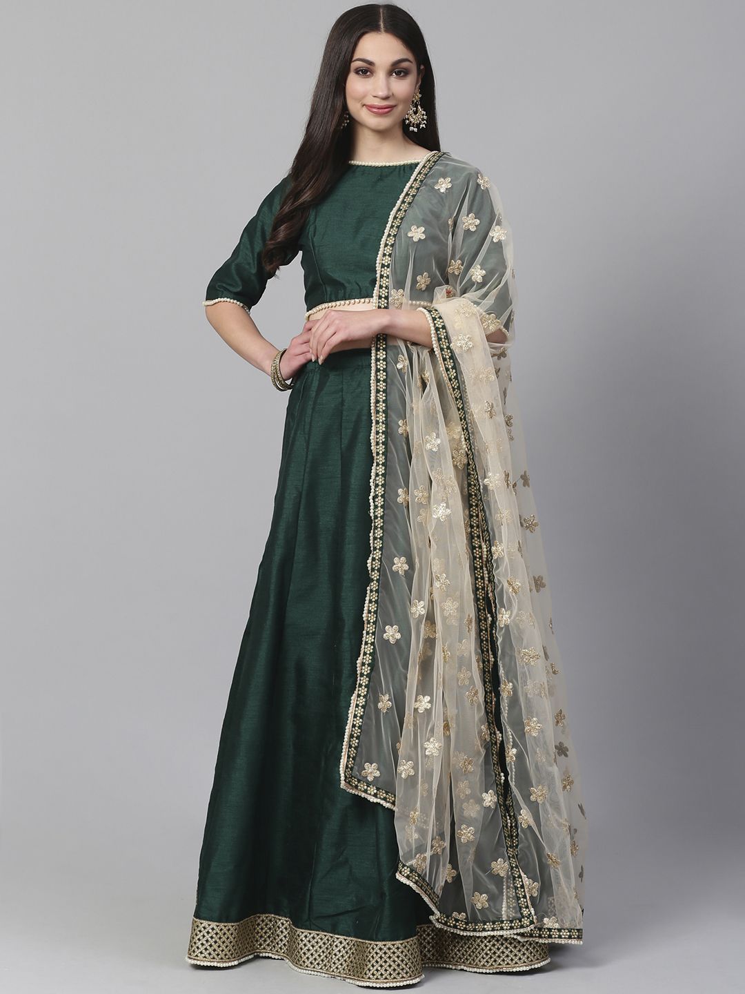 Readiprint Fashions Green & Beige Solid Semi-Stitched Lehenga & Unstitched Blouse with Dupatta Price in India