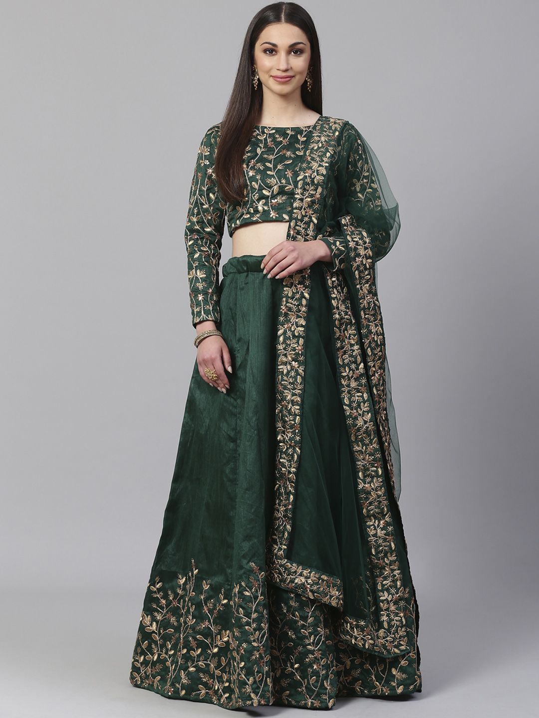 Readiprint Fashions Green & Golden Semi-Stitched Lehenga & Unstitched Blouse with Dupatta