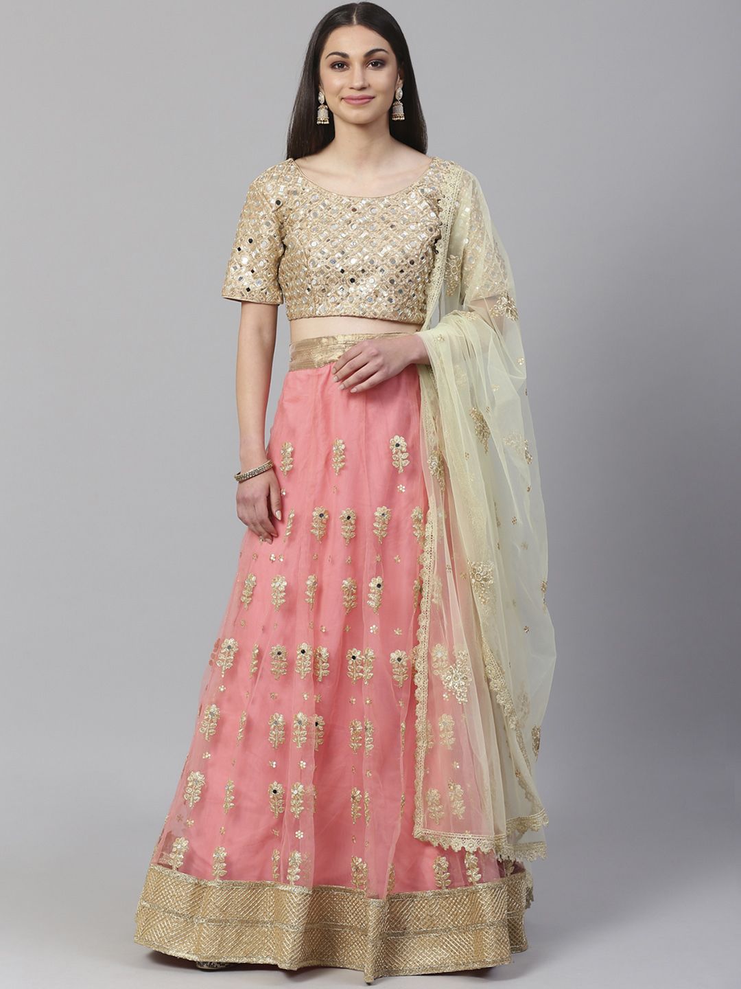 Readiprint Fashions Peach-Coloured & Beige Embroidered Semi-Stitched Lehenga & Unstitched Blouse with Dupatta Price in India