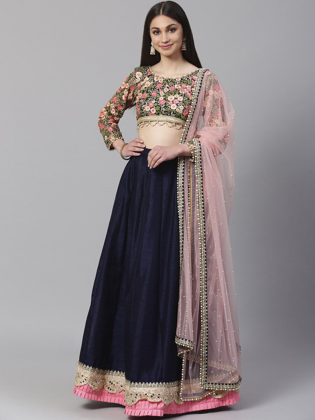 Readiprint Fashions Navy & Pink Semi-Stitched Lehenga & Unstitched Blouse with Dupatta Price in India