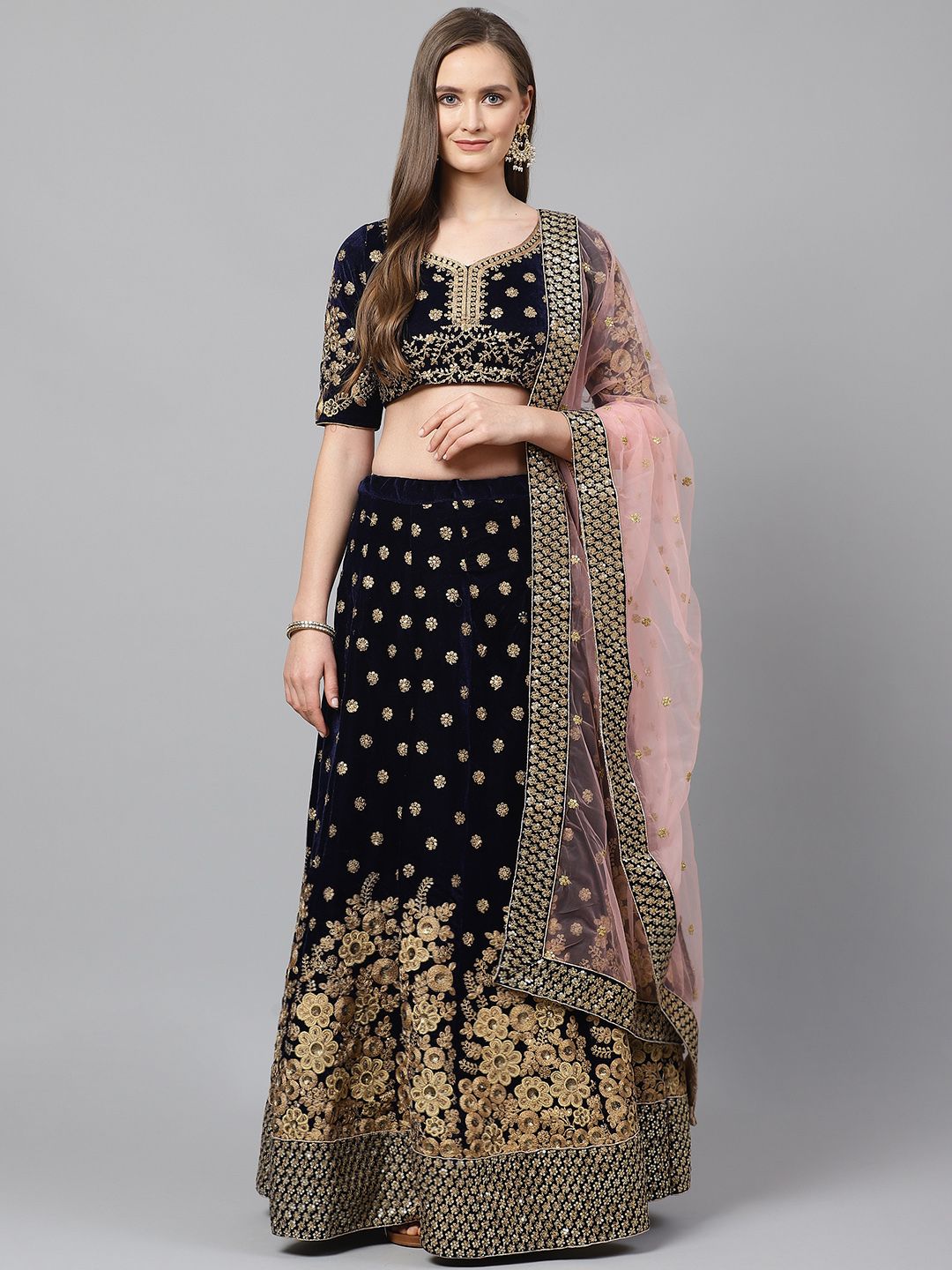 Readiprint Fashions Navy Blue & Pink Embroidered Semi-Stitched Lehenga & Unstitched Blouse with Dupatta
