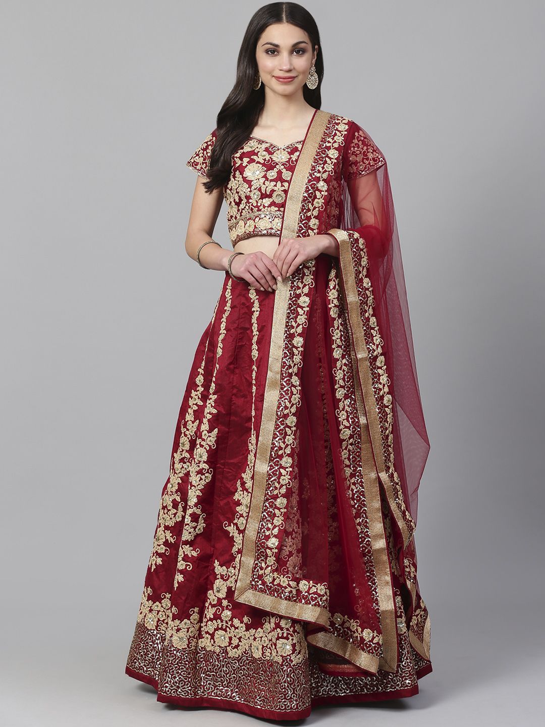 Readiprint Fashions Maroon & Golden Semi-Stitched Lehenga & Unstitched Blouse with Dupatta Price in India