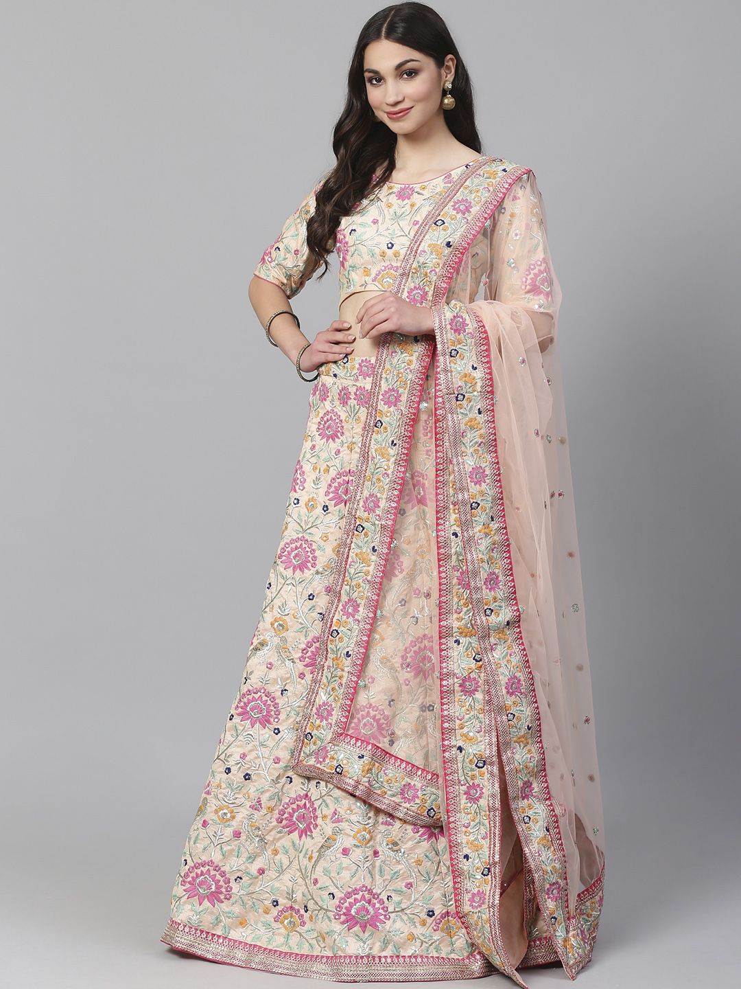 Readiprint Fashions Peach-Coloured & Pink Embroidered Semi-Stitched Lehenga & Unstitched Blouse with Dupatta Price in India