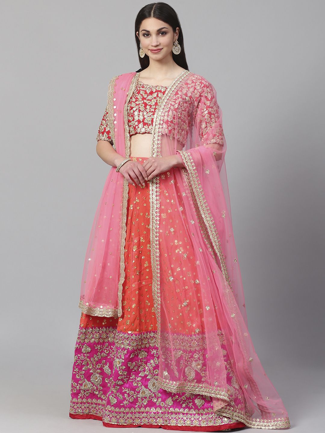 Readiprint Fashions Orange & Pink Embroidered Semi-Stitched Lehenga & Unstitched Blouse with Dupatta