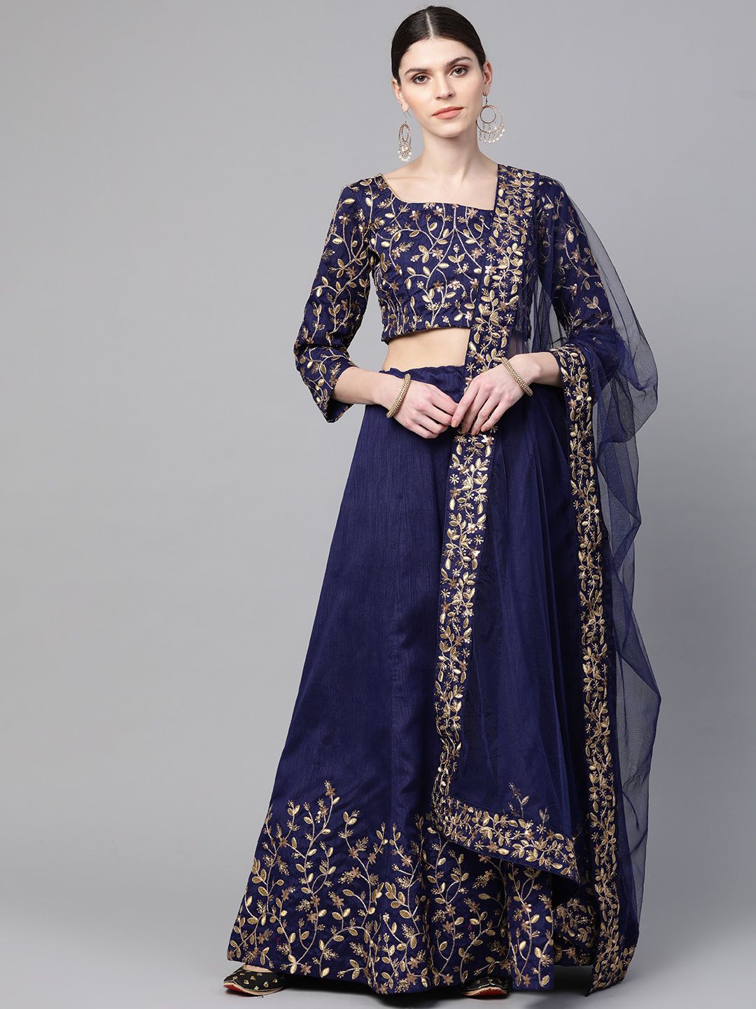 Readiprint Fashions Navy & Golden Semi-Stitched Lehenga & Unstitched Blouse with Dupatta Price in India
