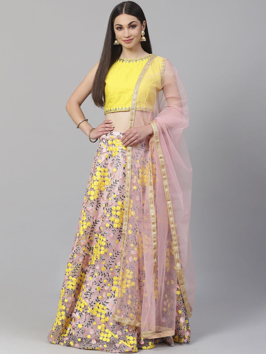 Readiprint Fashions Pink & Yellow Semi-Stitched Lehenga & Unstitched Blouse with Dupatta Price in India