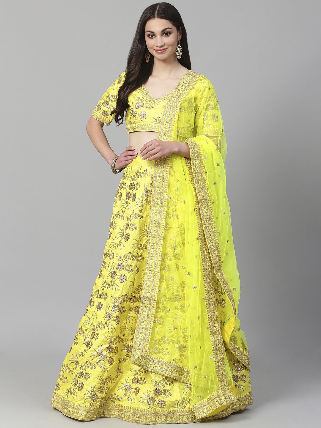 Readiprint Fashions Yellow & Gold-Toned Embroidered Semi-Stitched Lehenga & Unstitched Blouse with Dupatta