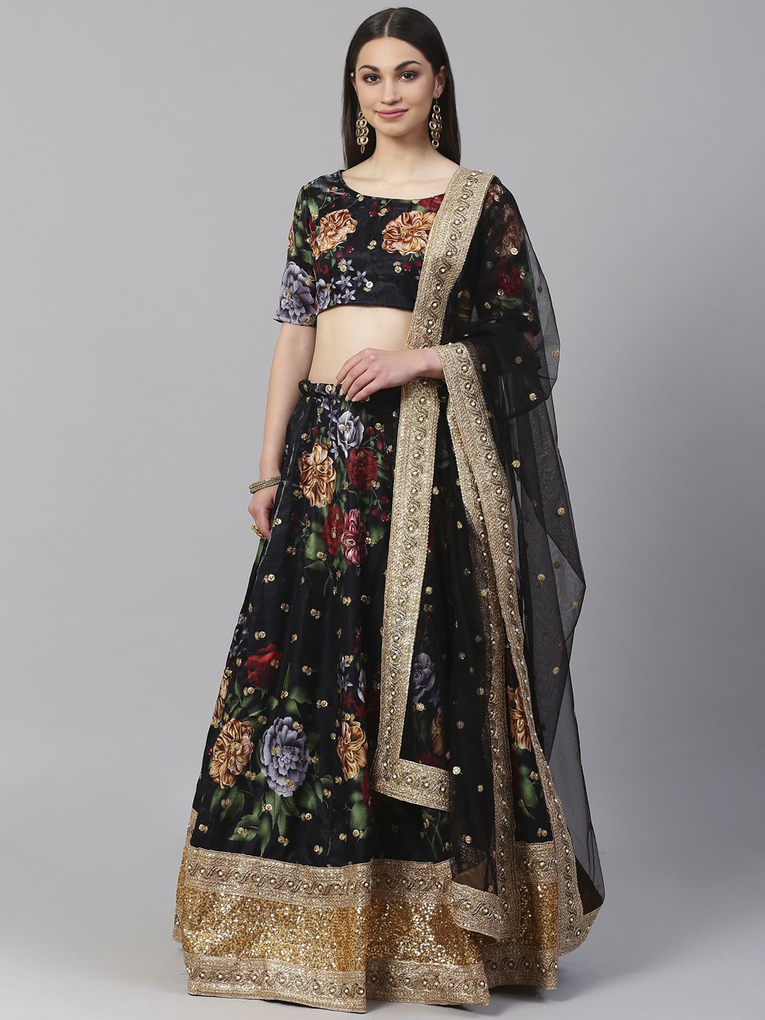 Readiprint Fashions Black & Grey Printed Semi-Stitched Lehenga & Unstitched Blouse with Dupatta Price in India