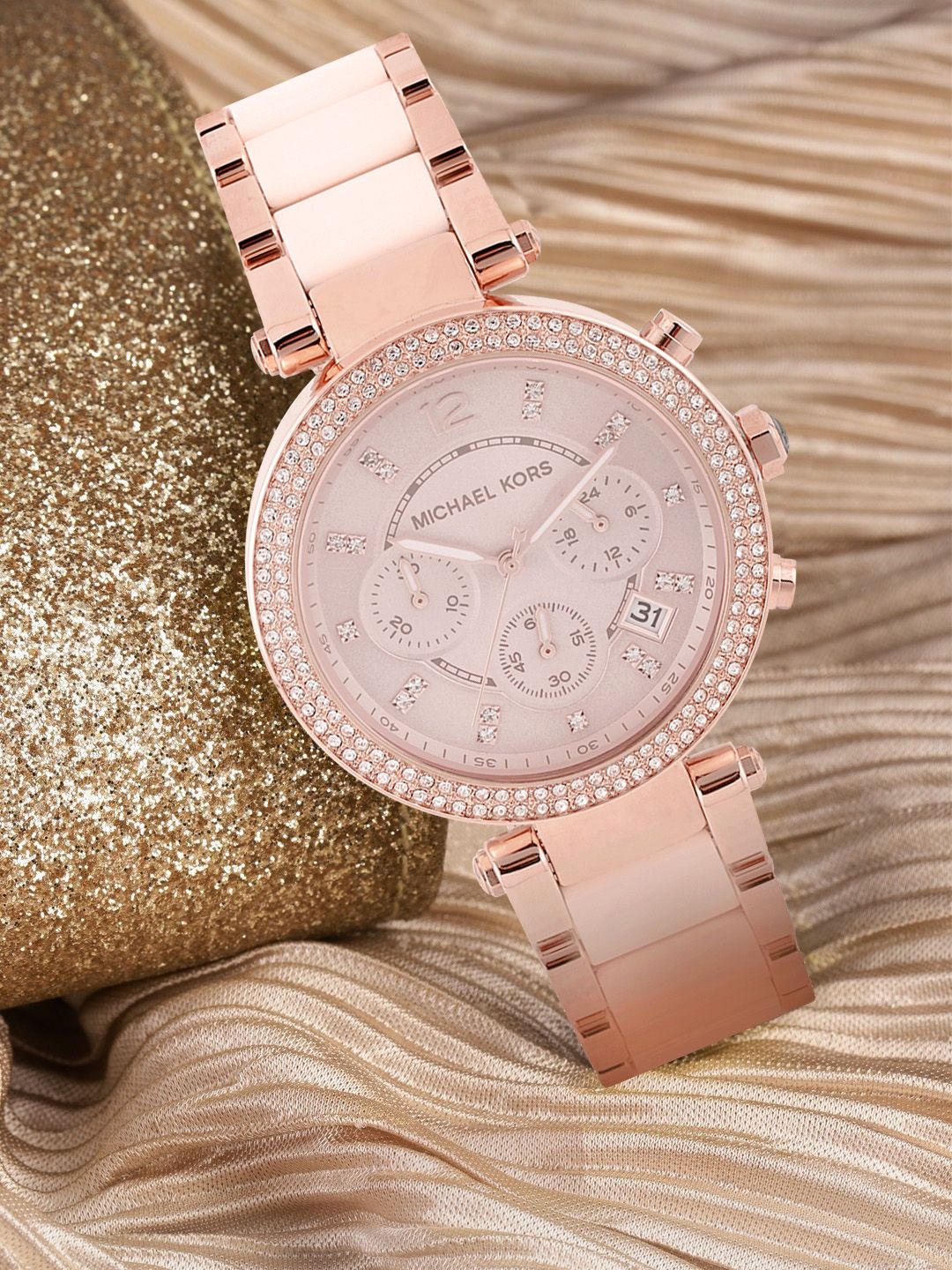 Michael Kors Women Chronograph Dusty Pink Stone-Studded Dial Watch 5896I Price in India