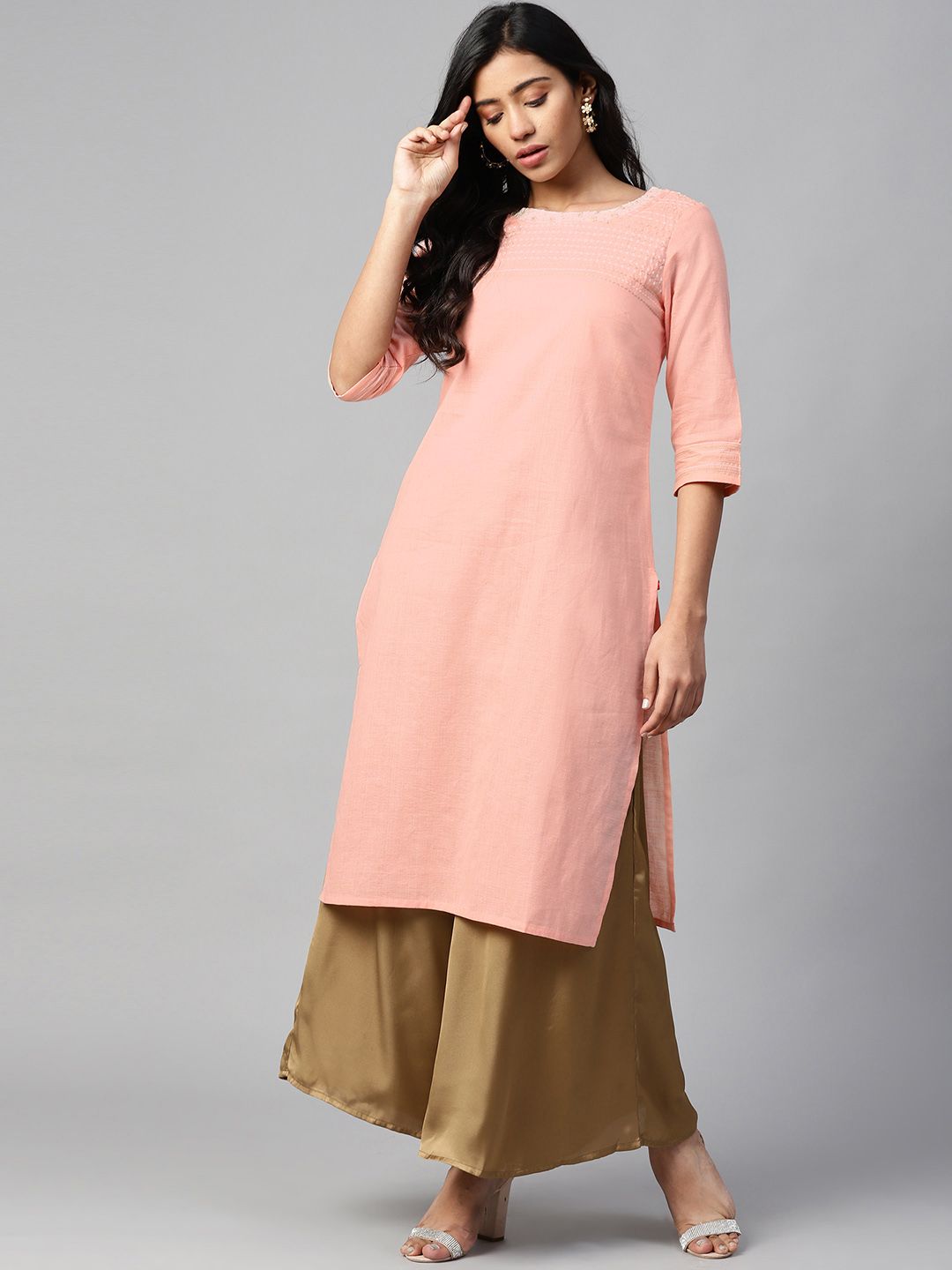 W Women Peach-Coloured & Off-White Solid Straight Kurta Price in India