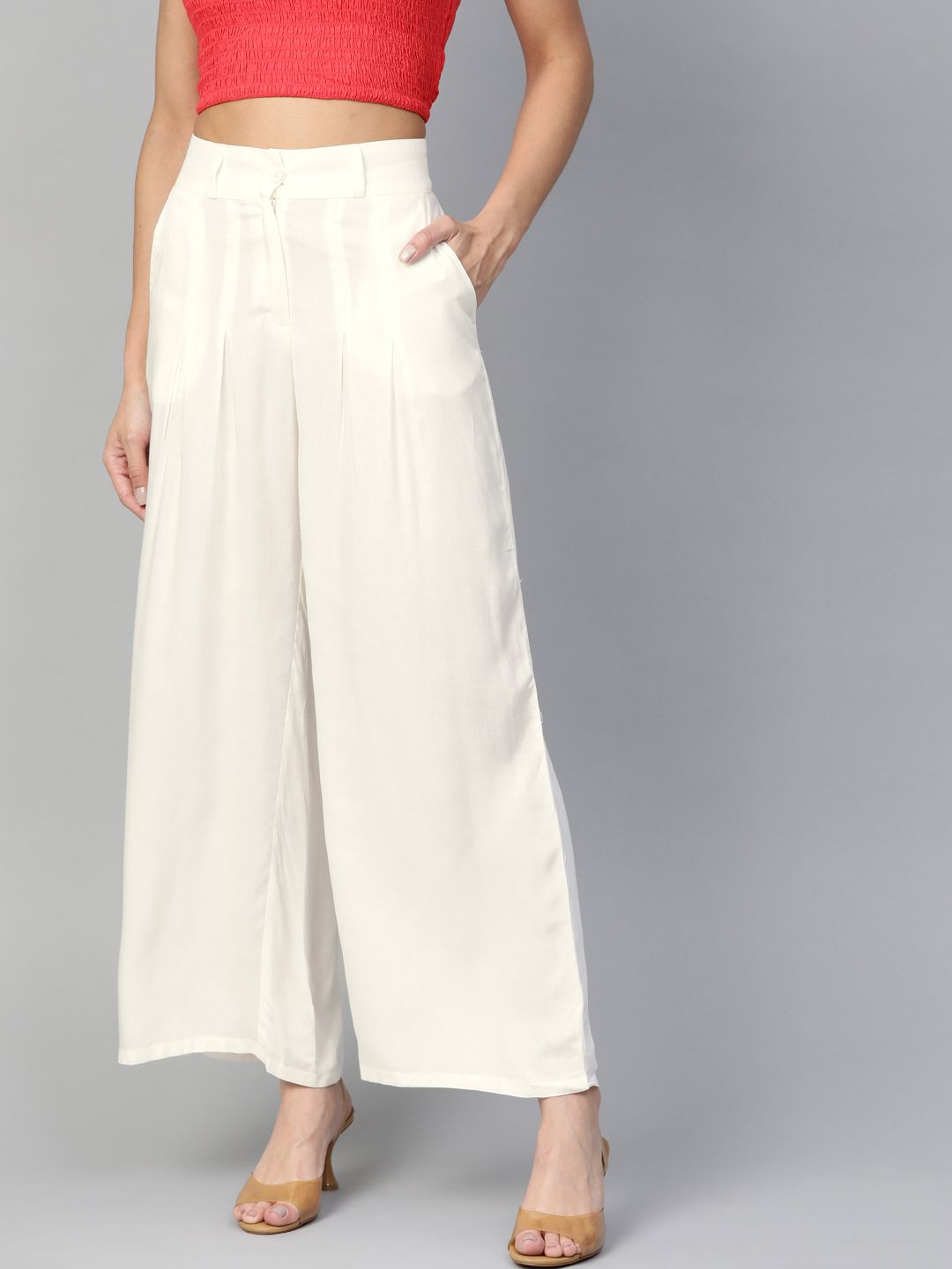 W Women White Regular Fit Solid Parallel Trousers Price in India