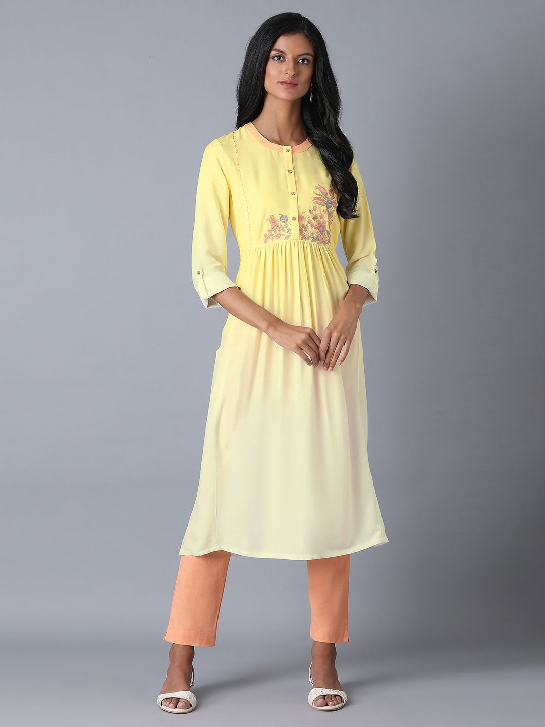 W Women Yellow & White Yoke Design Straight Kurta Price in India