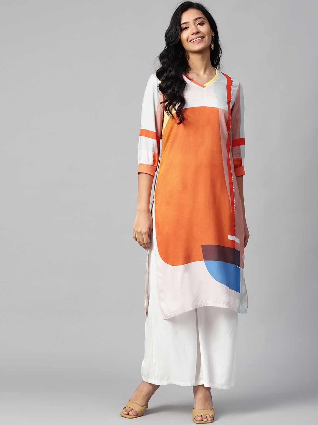 W Women Orange & Grey Colourblocked Straight Kurta Price in India