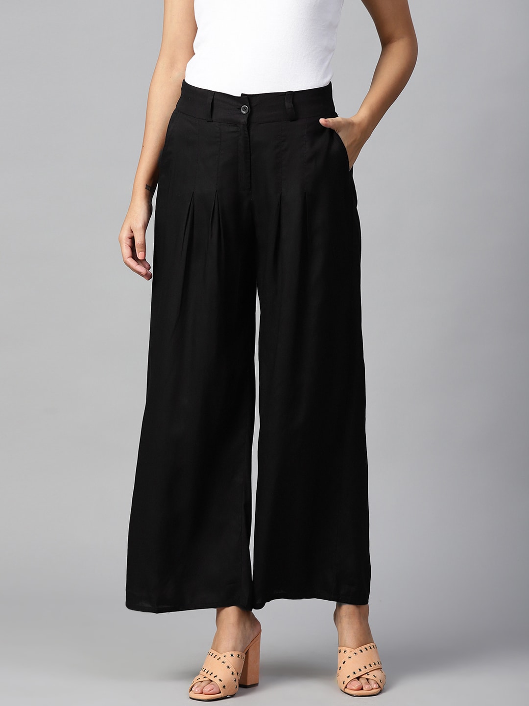 W Women Black Solid Straight Palazzos Price in India