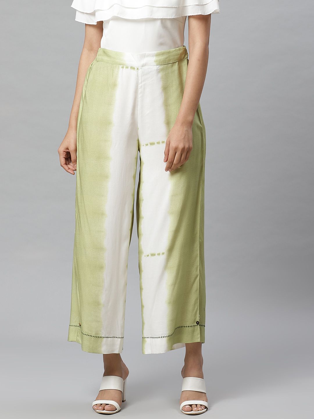 W Women Green & Off-White Dyed Effect Flared Palazzos Price in India