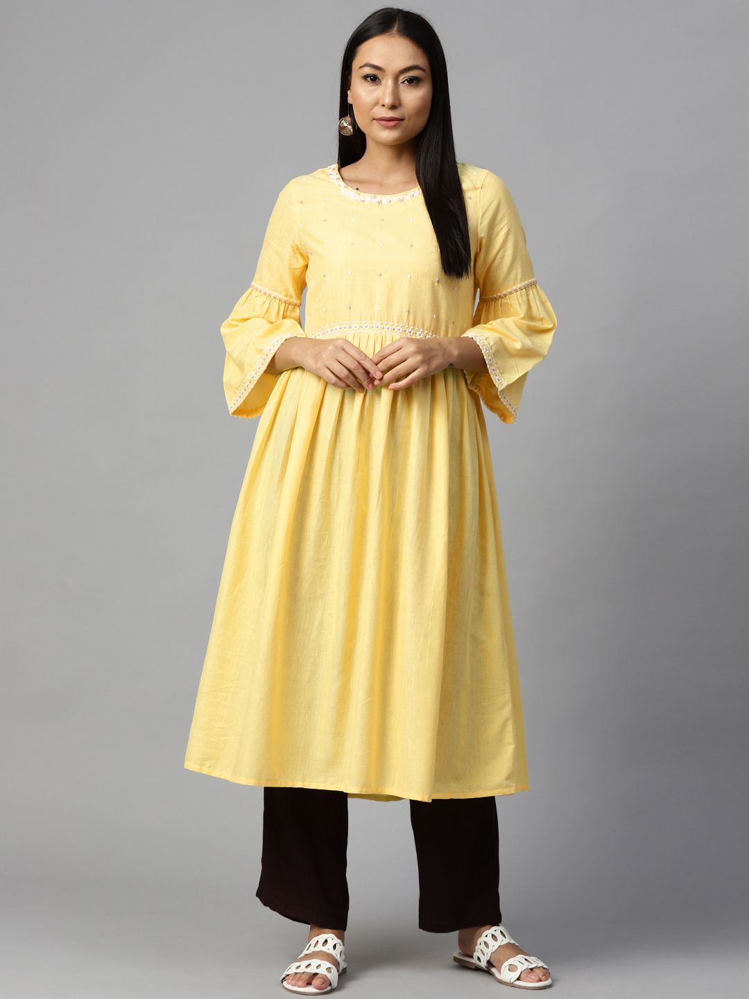W Women Yellow Yoke Design A-Line Kurta Price in India