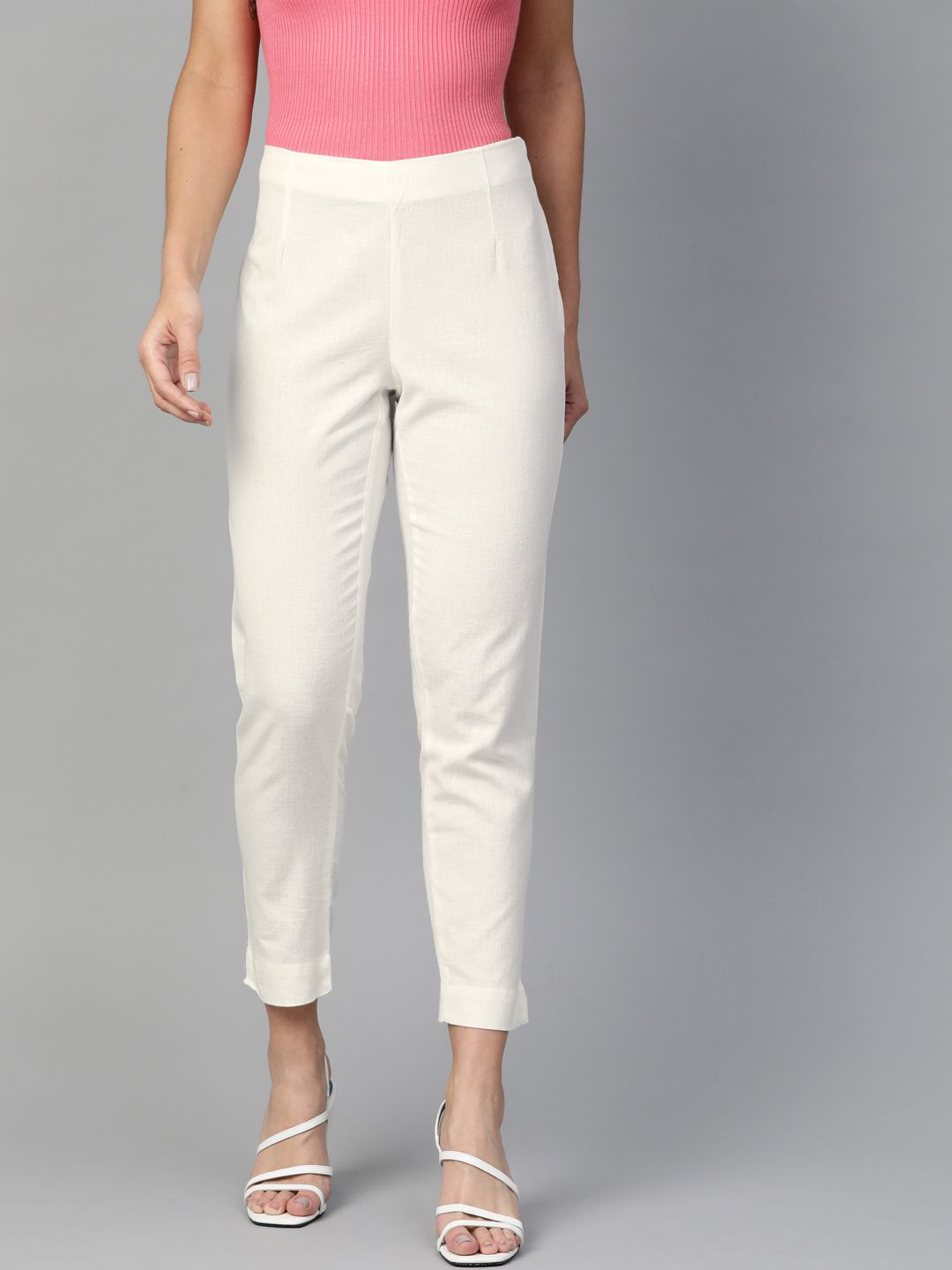 W Women White Regular Fit Solid Cropped Trousers