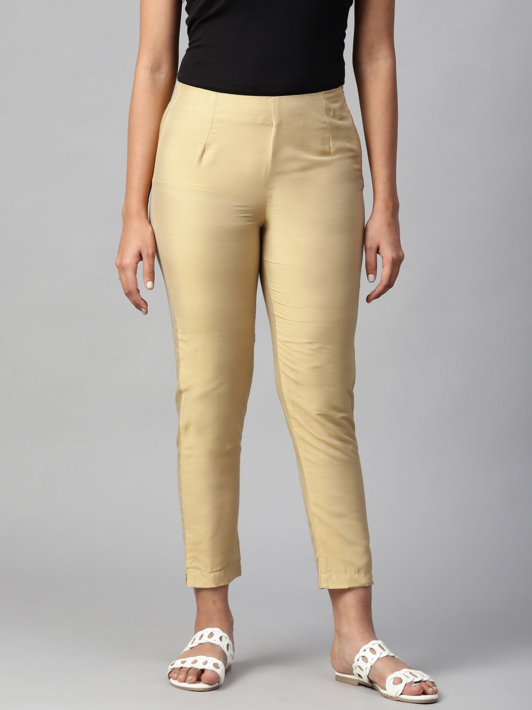 W Women Beige Slim Fit Solid Regular Cropped Trousers Price in India