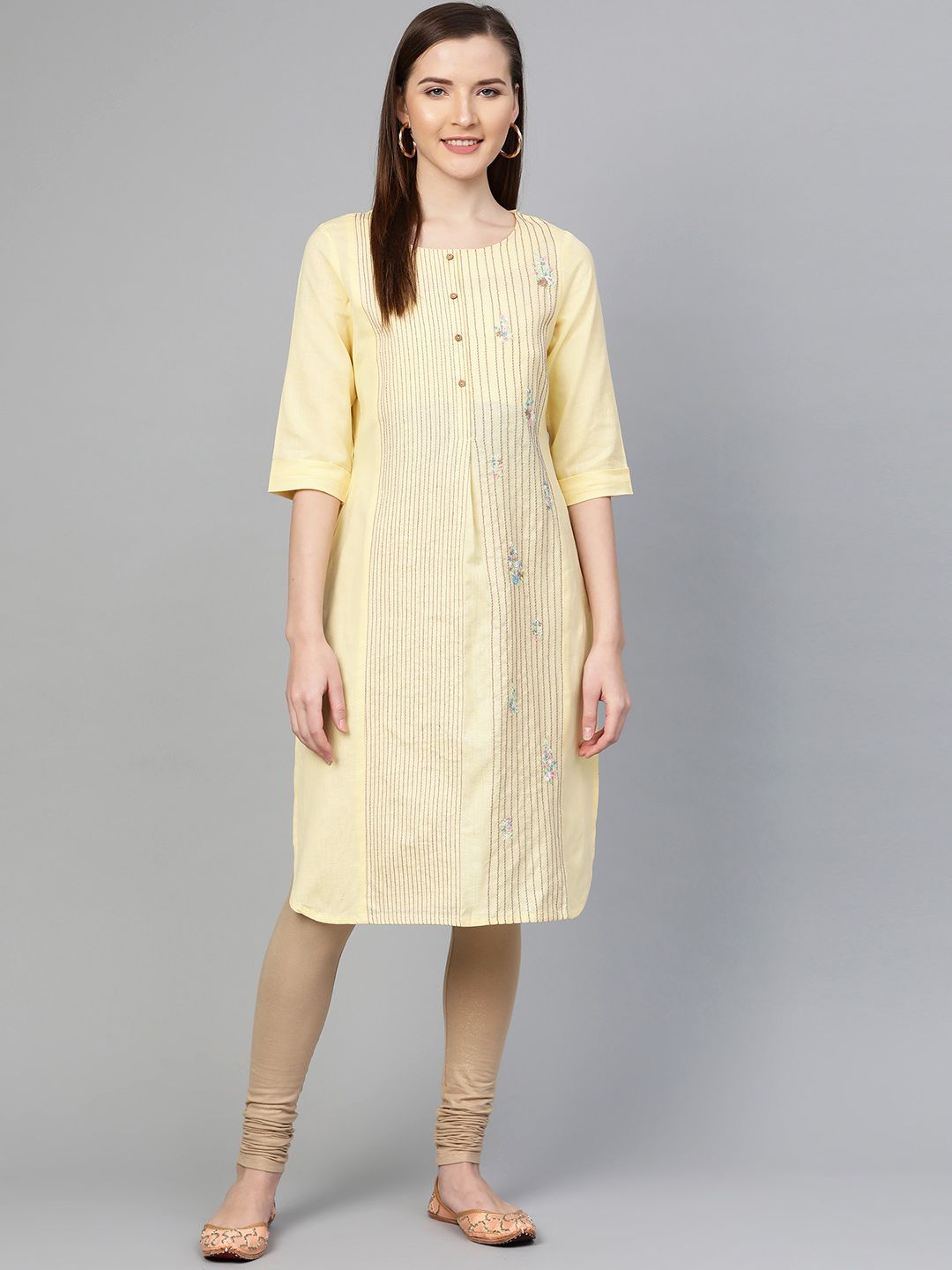 W Women Yellow & Pink Embroidered Straight Kurta Price in India