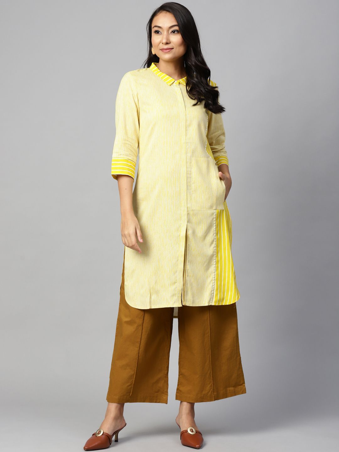 W Women Yellow & White Striped Pathani Kurta Price in India