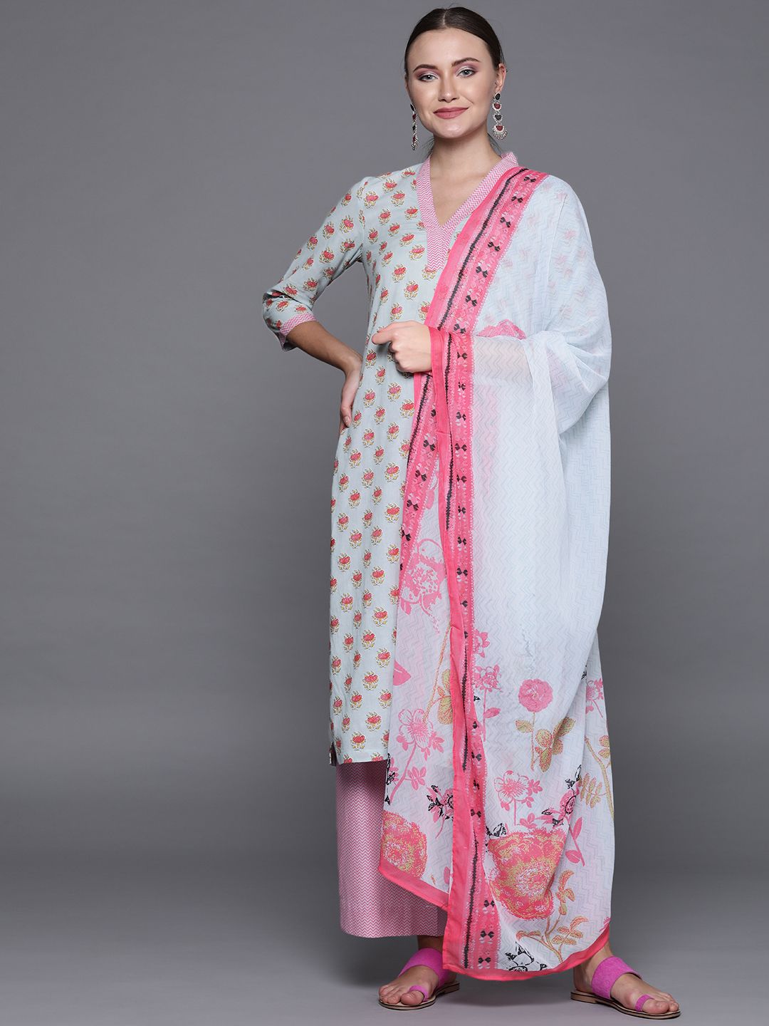 Biba Women Blue & Pink Printed Kurta with Palazzos & Dupatta