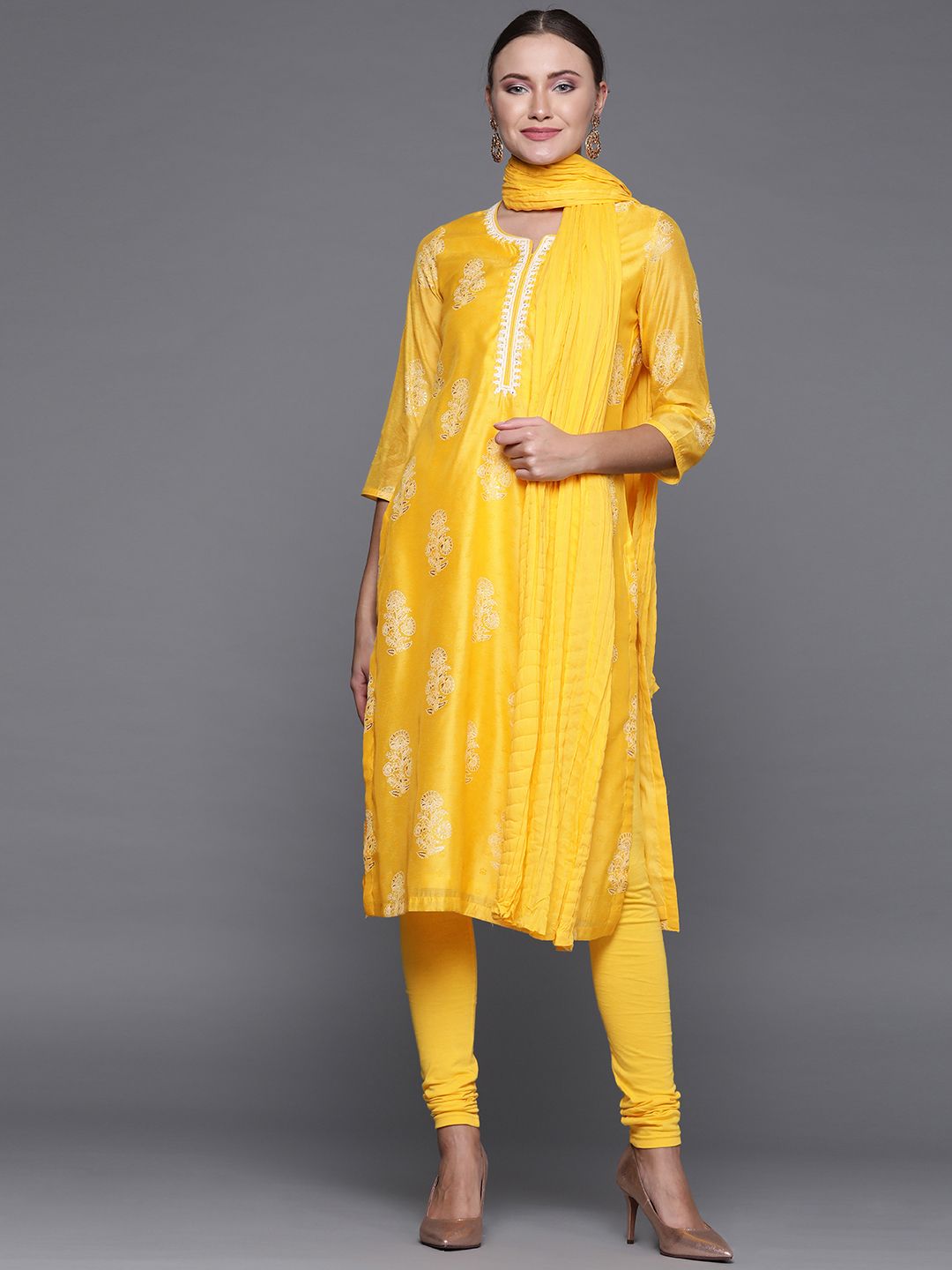 Biba Women Yellow & White Printed Kurta with Churidar & Dupatta