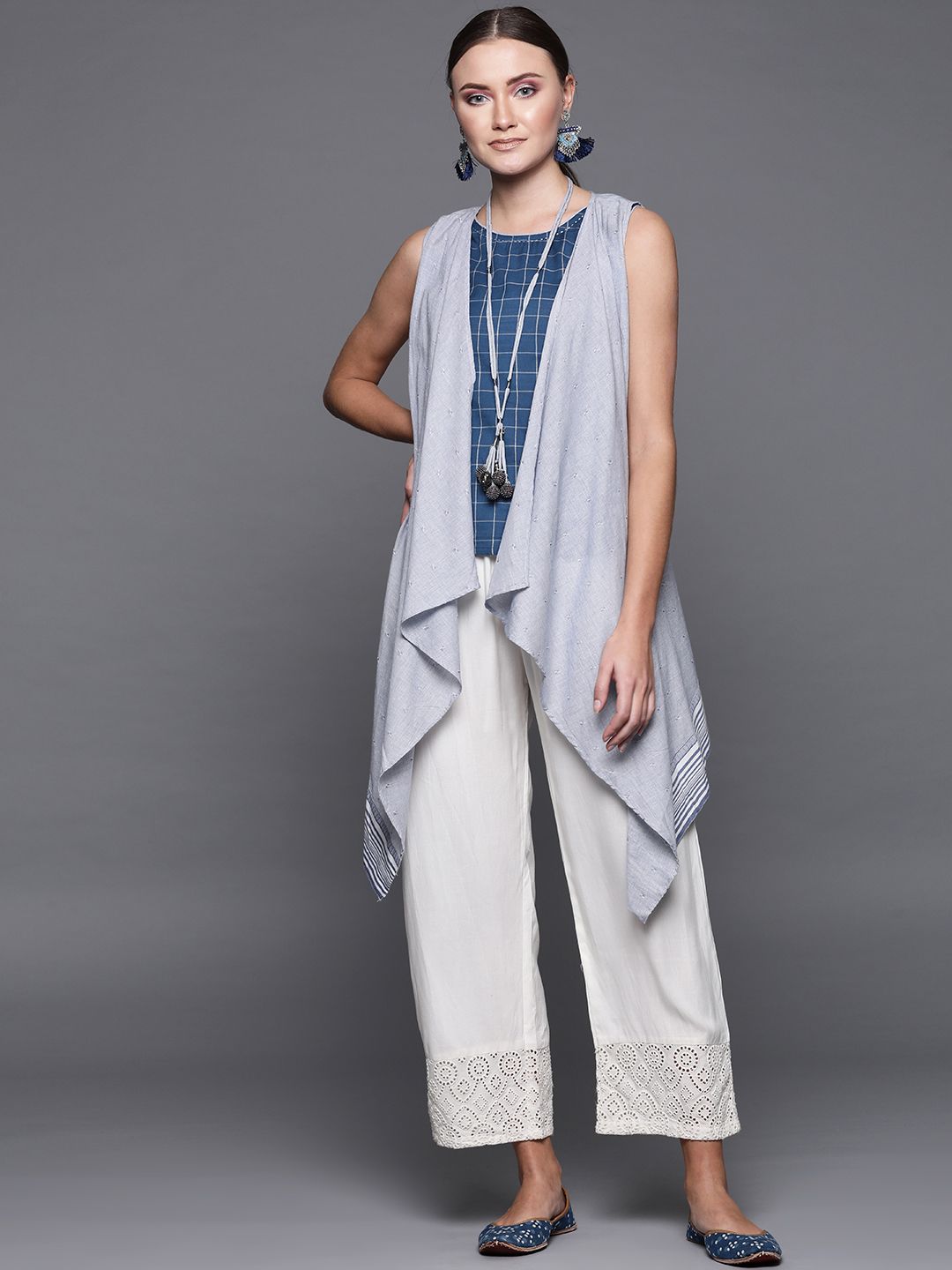 Biba Women Blue & Grey Checked Pure Cotton Top with Ethnic Jacket