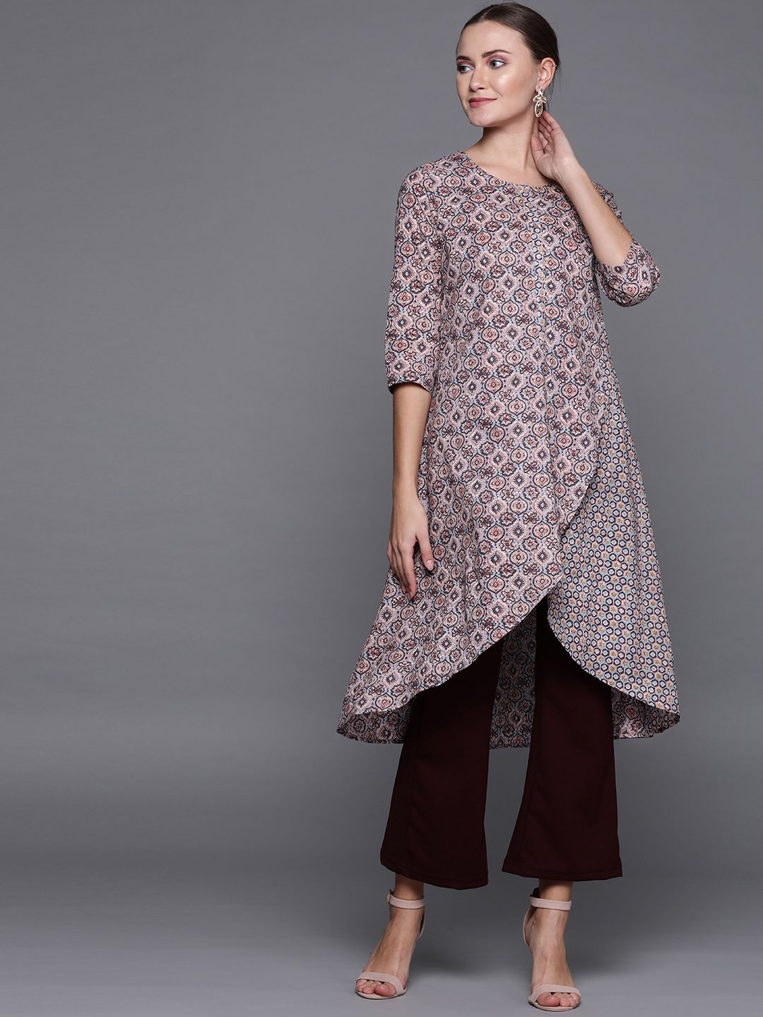 Biba Women Pink & Blue Printed A-Line Layered Kurta