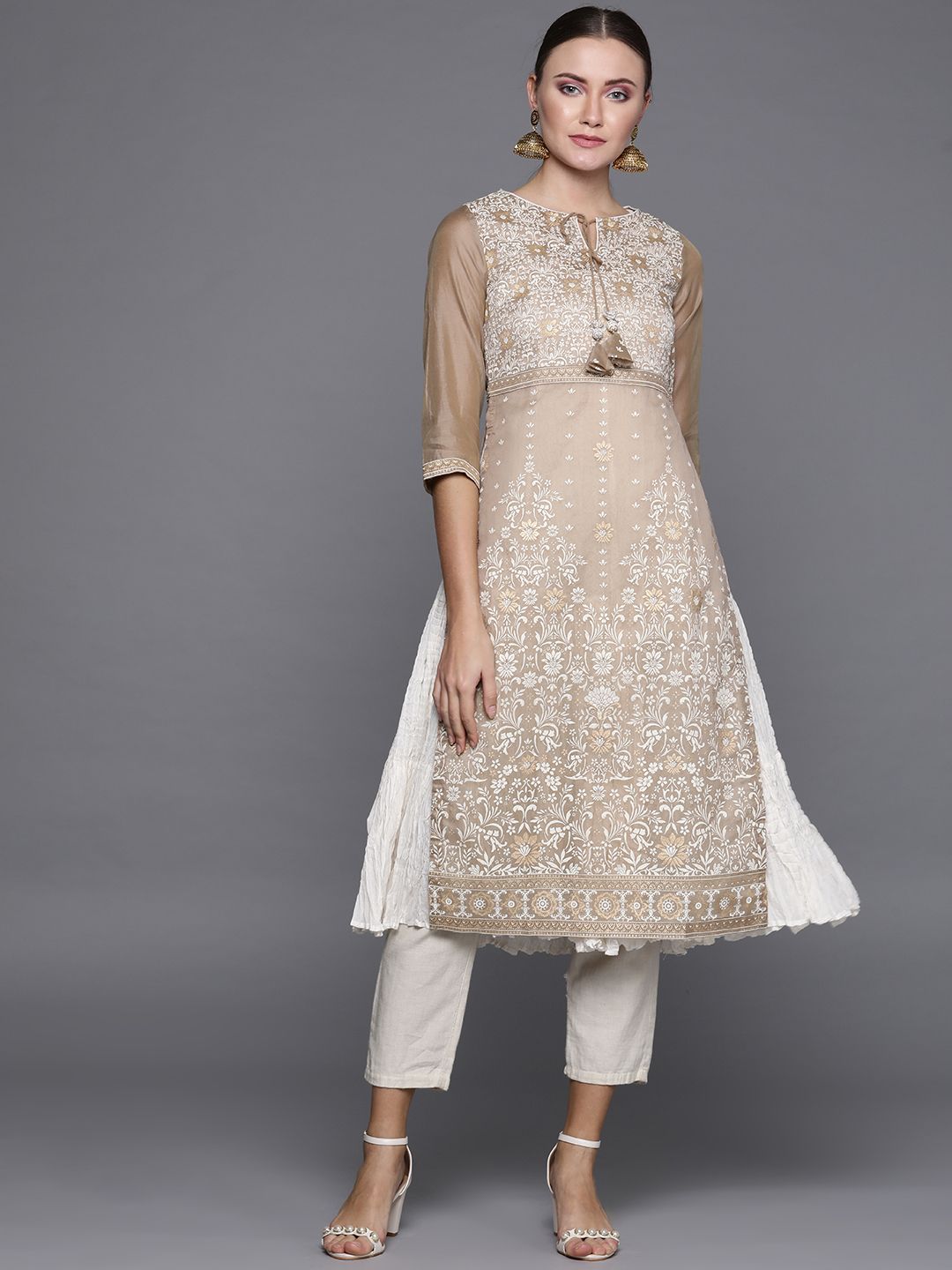 Biba Women Beige & Off-White Printed Straight Layered Kurta