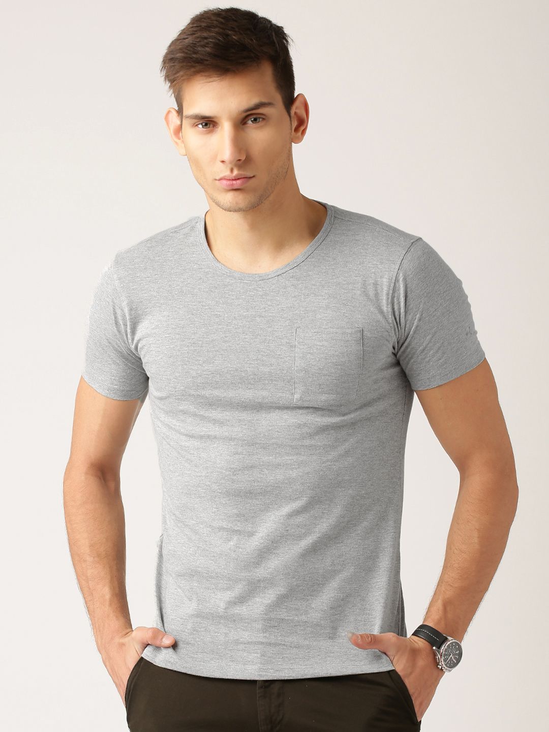 ETHER Men Grey Melange Slim Fit Solid Round Neck T-shirt