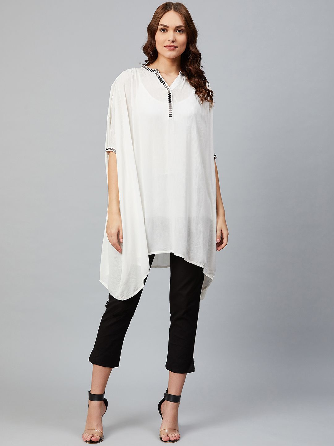 AURELIA Women Off-White Semi-Sheer Solid Kaftan Tunic with Camisole Price in India