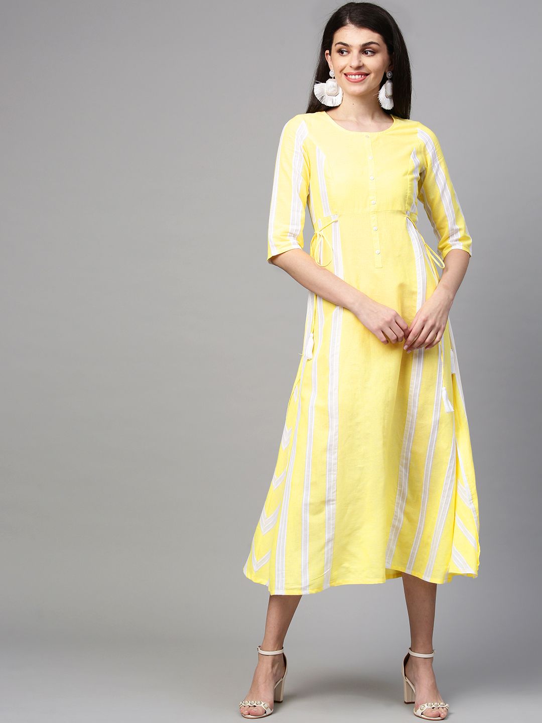 AURELIA Women Yellow & White Striped Yarn Dyed A-Line Dress Price in India