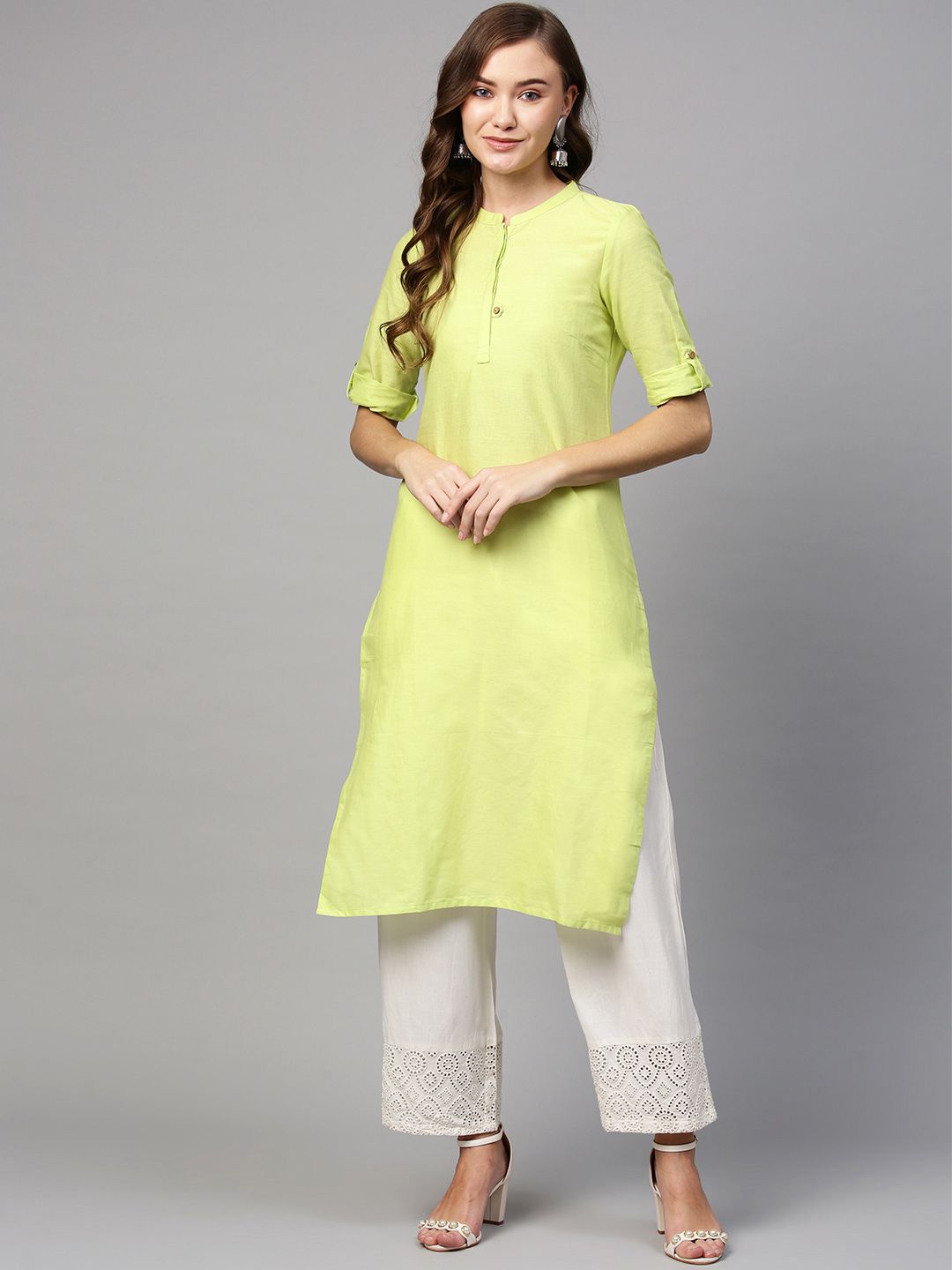 AURELIA Women Lime Green Solid Straight Kurta Price in India