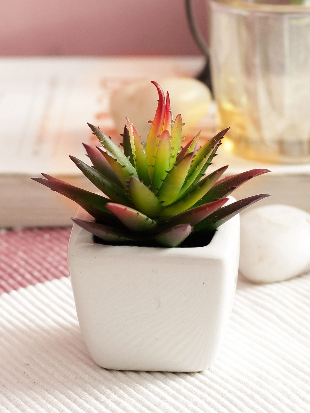 PolliNation Green Purple Set of 2 Artificial Succulent Plant With White Ceramic Pot Price in India