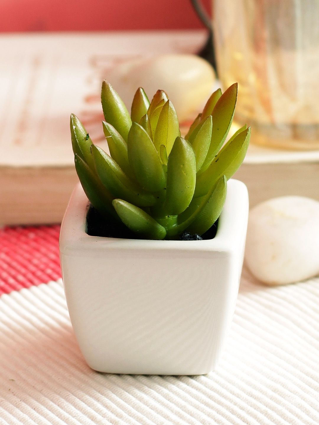 PolliNation Green Set of 2 Artificial Succulent Plant With White Ceramic Pot Price in India