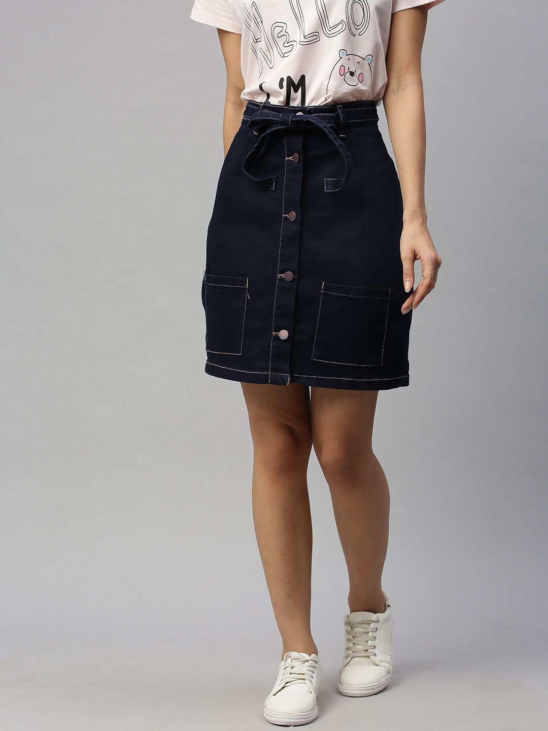 HERE&NOW Women Navy Blue Solid Denim A-Line Skirt