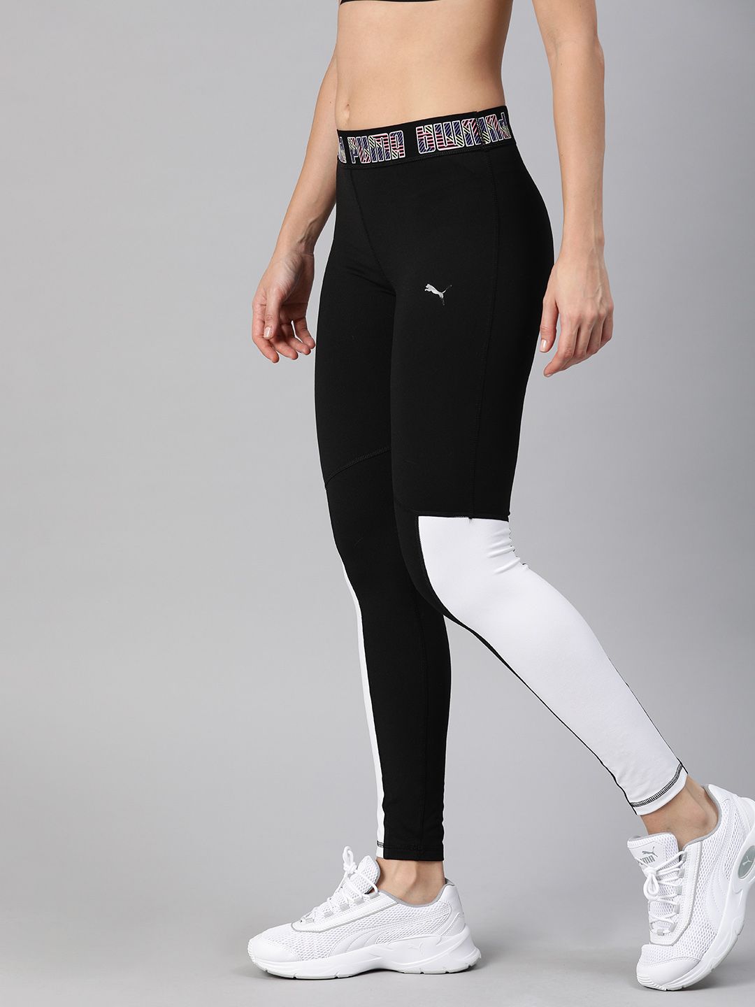 Puma Women Black & White Colourblocked DryCell Logo Elastic Running & Training Tights Price in India