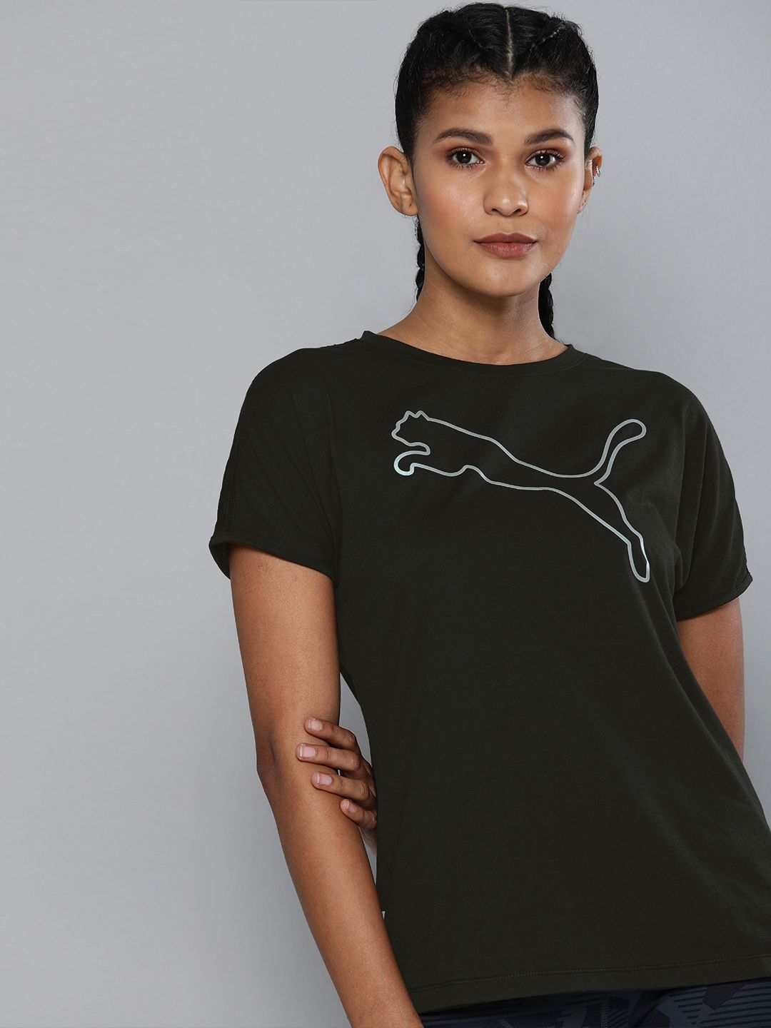 Puma Women Black Printed Round Neck Cat dryCELL Training T-shirt Price in India