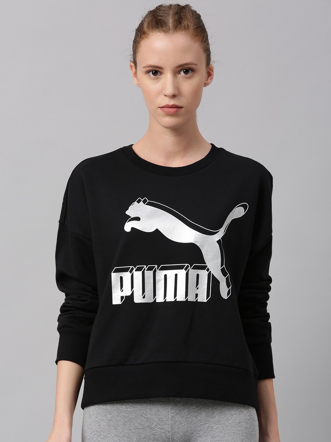 Puma Women Black Printed Classics Logo Metallic Crew Sweatshirt Price in India