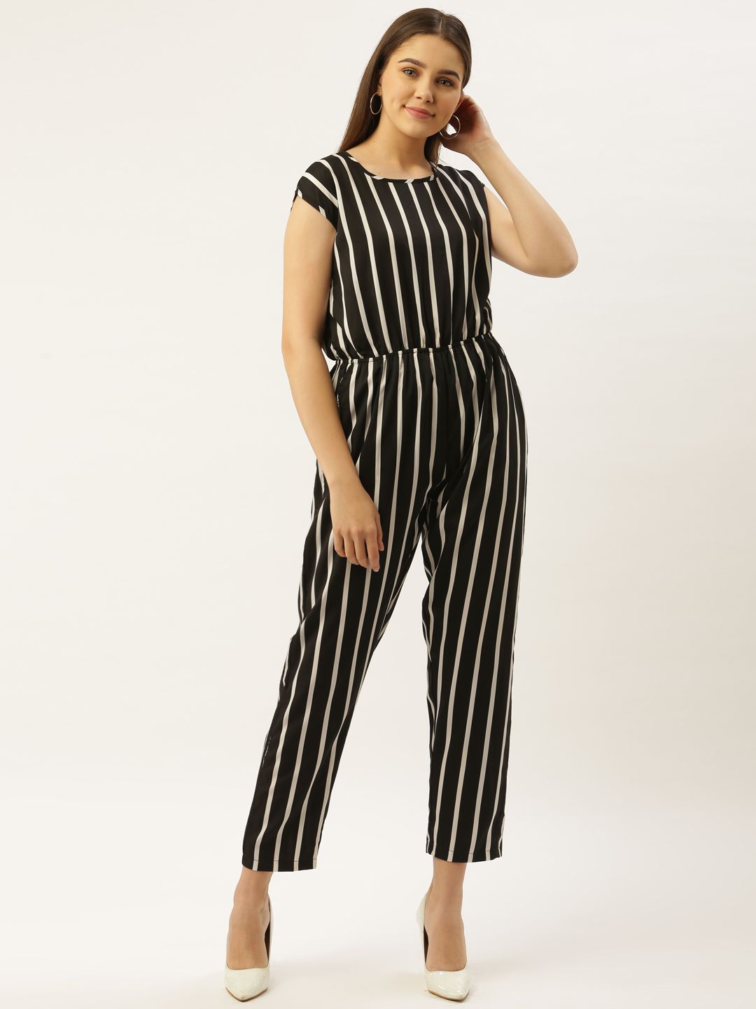 Darzi Women Black & White Striped Basic Jumpsuit Price in India