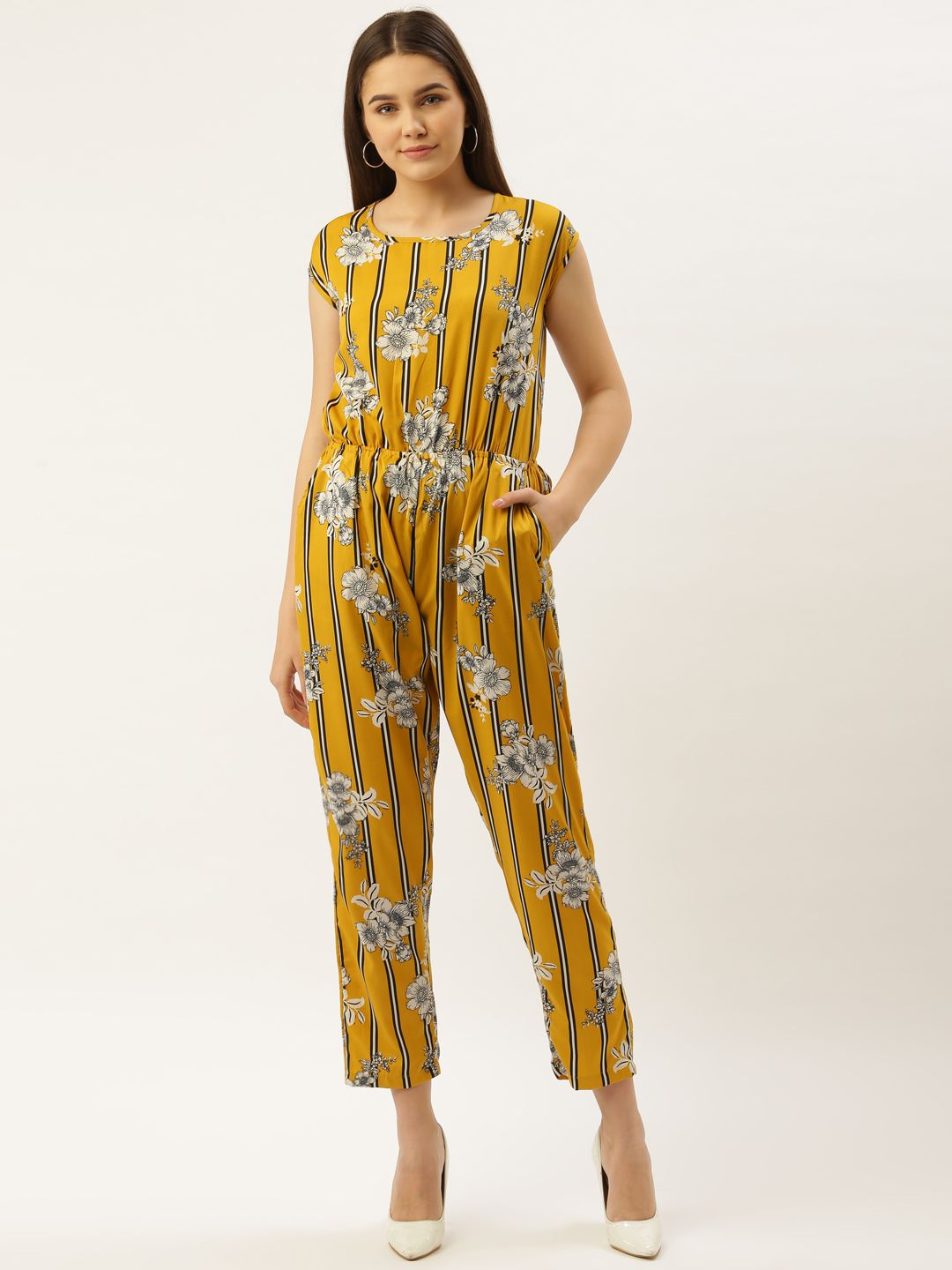 Darzi Women Mustard Yellow & Black Striped Basic Jumpsuit Price in India