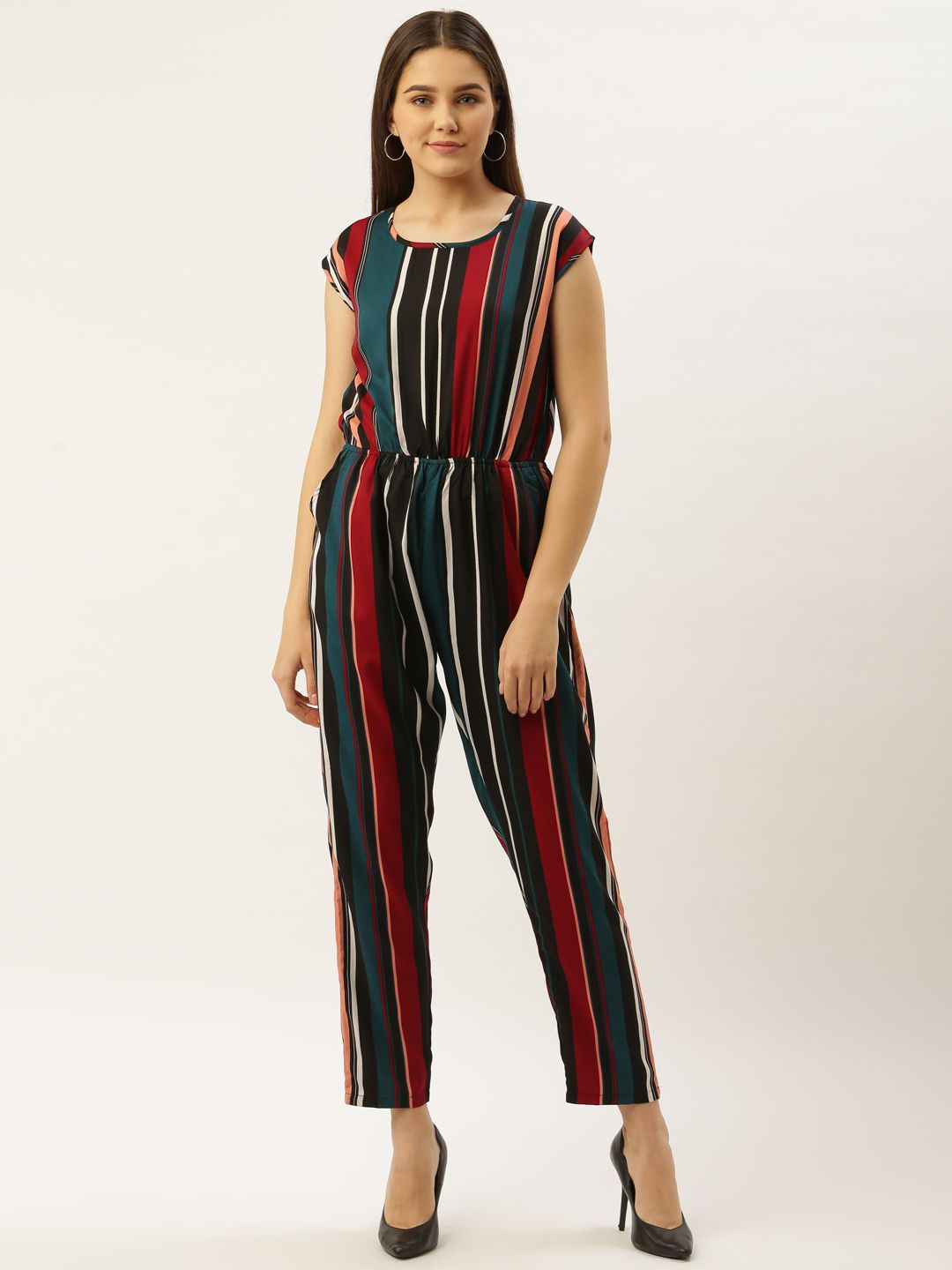 Darzi Women Black & Maroon Striped Basic Jumpsuit Price in India