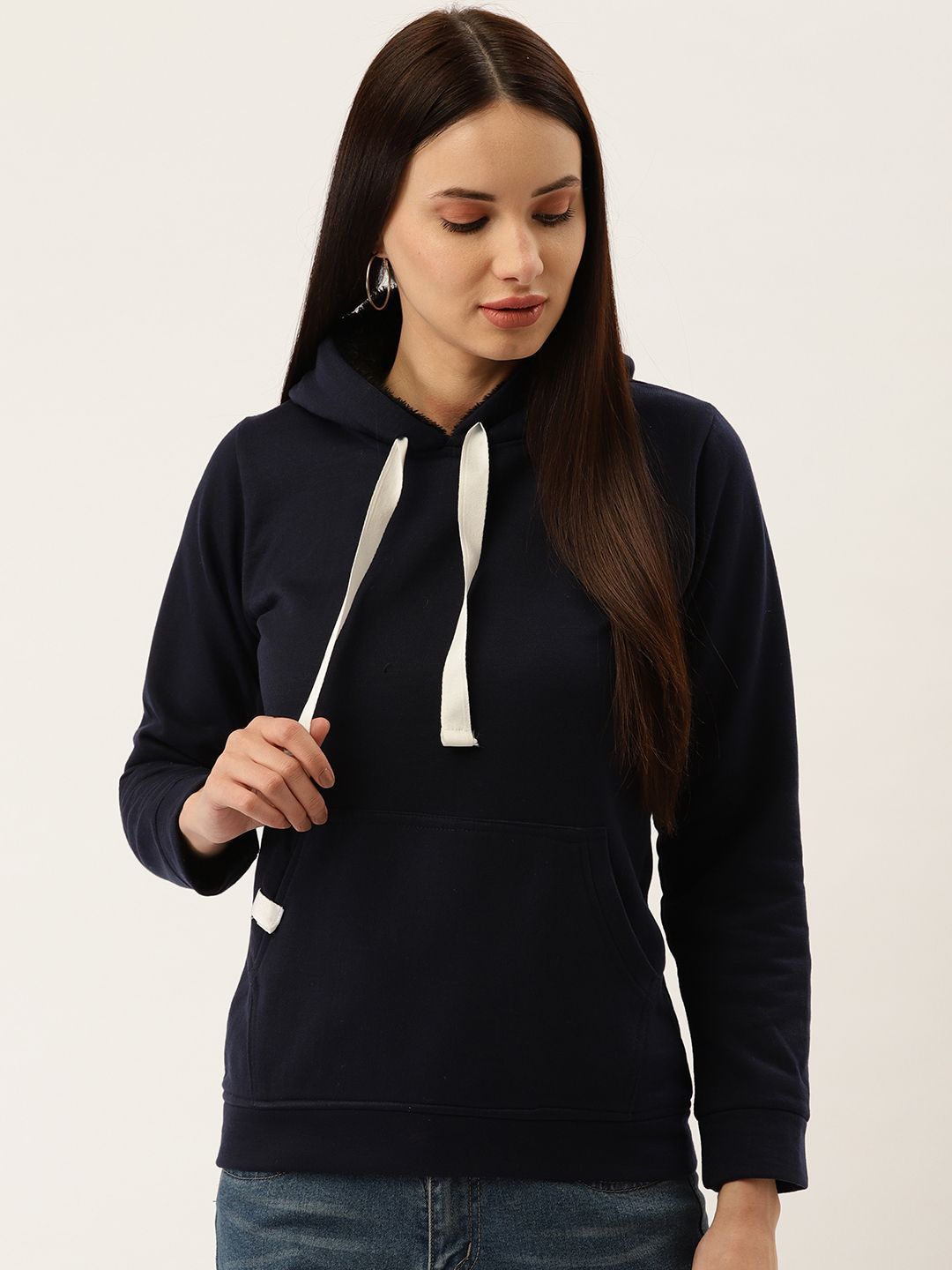 Darzi Women Navy Blue Solid Hooded Sweatshirt Price in India