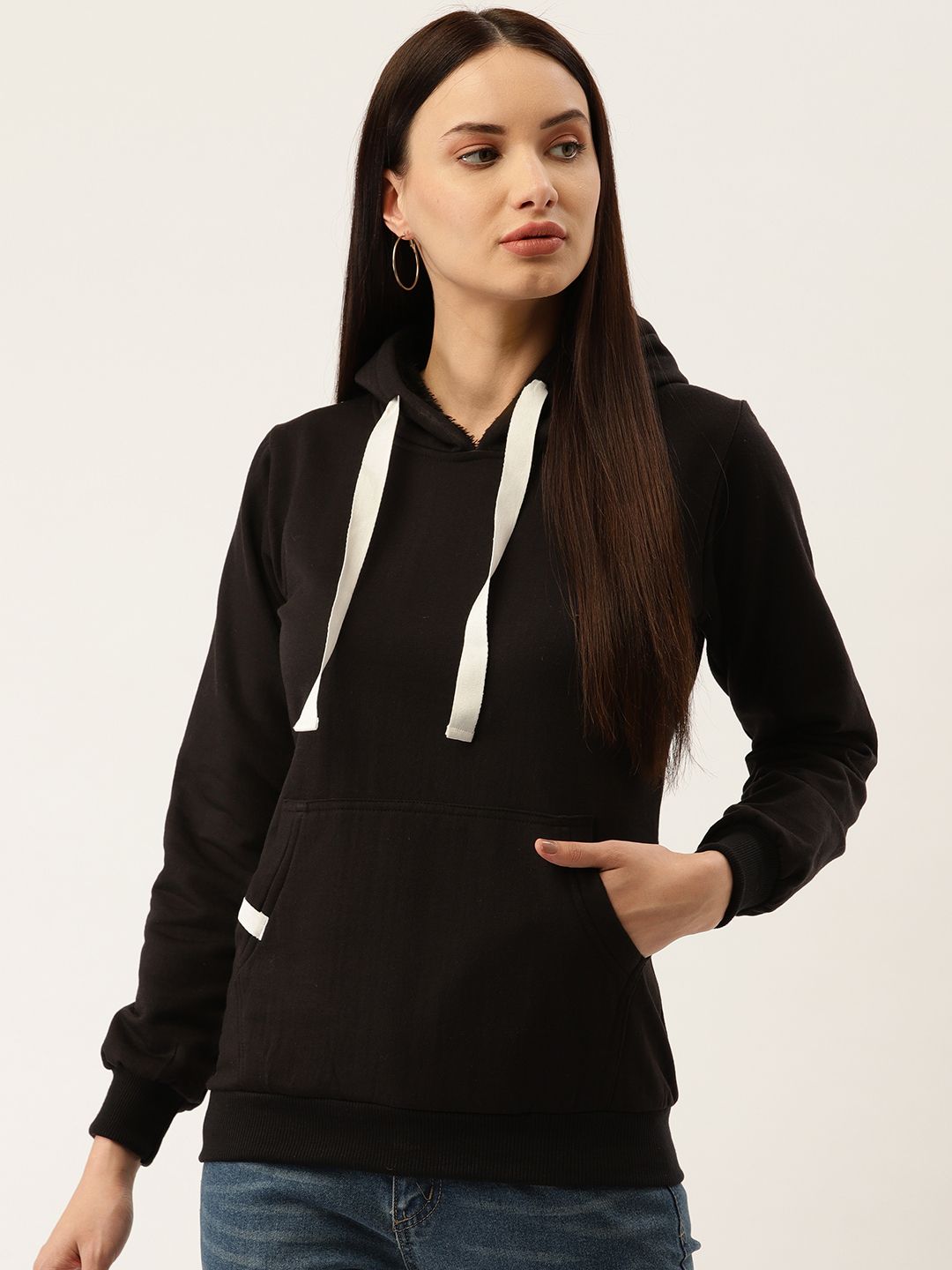 Darzi Women Black Solid Hooded Sweatshirt Price in India