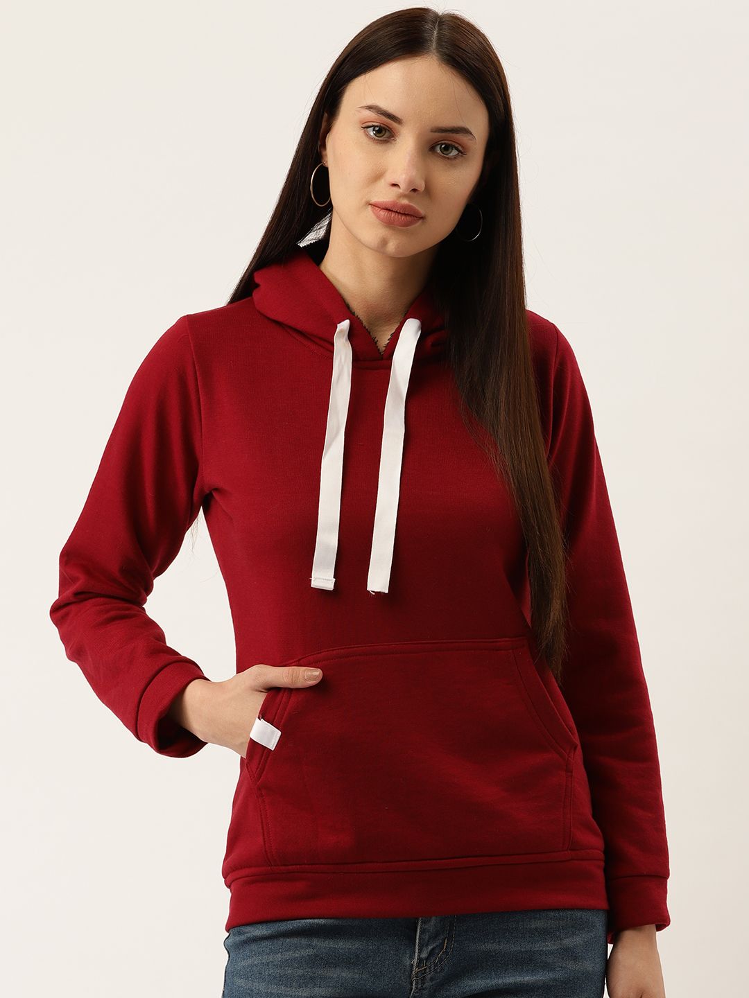 Darzi Women Maroon Solid Hooded Sweatshirt Price in India