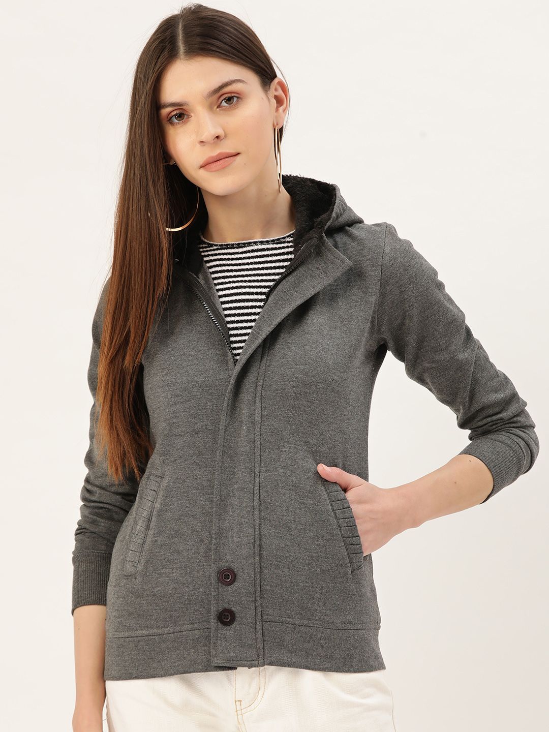 Darzi Women Charcoal Grey Solid Hooded Sweatshirt Price in India