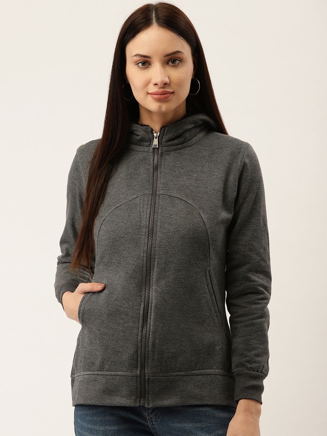 Darzi Women Charcoal Grey Solid Hooded Sweatshirt Price in India