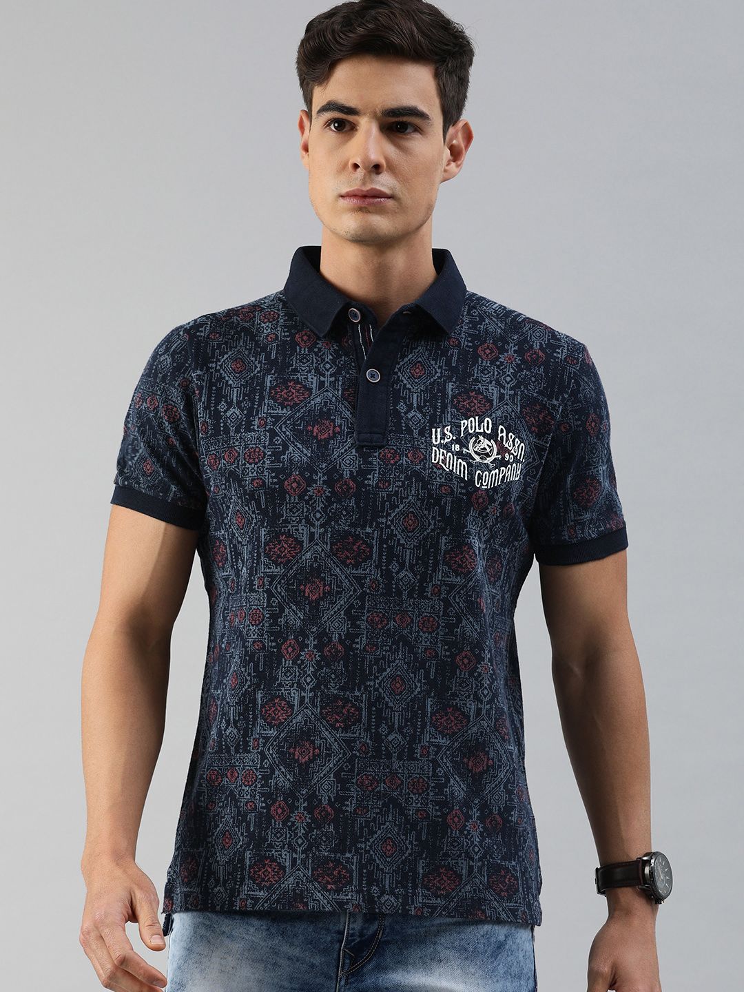 U.S. Polo Assn. Denim Co. Men Navy Blue & Red Printed Polo Collar T-shirt