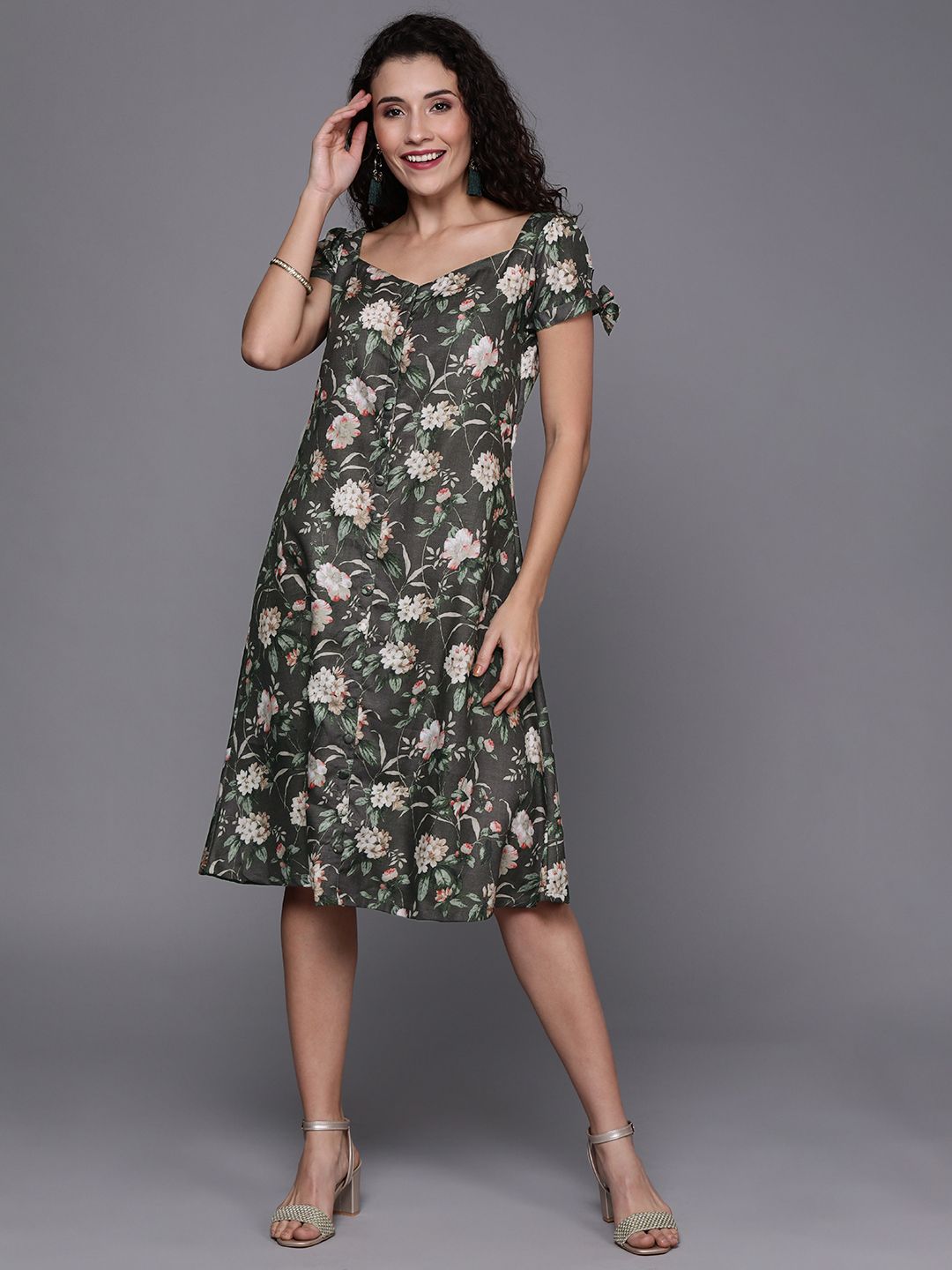 EthnoVogue Women Charcoal Grey & Green Floral Printed Made To Measure A-Line Dress Price in India